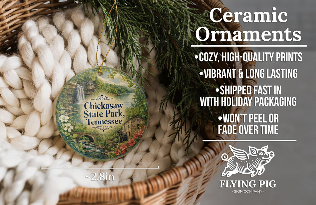 Ceramic ornaments, featuring a scenic image of Chickasaw State Park, Tennessee, hanging from a wicker basket.