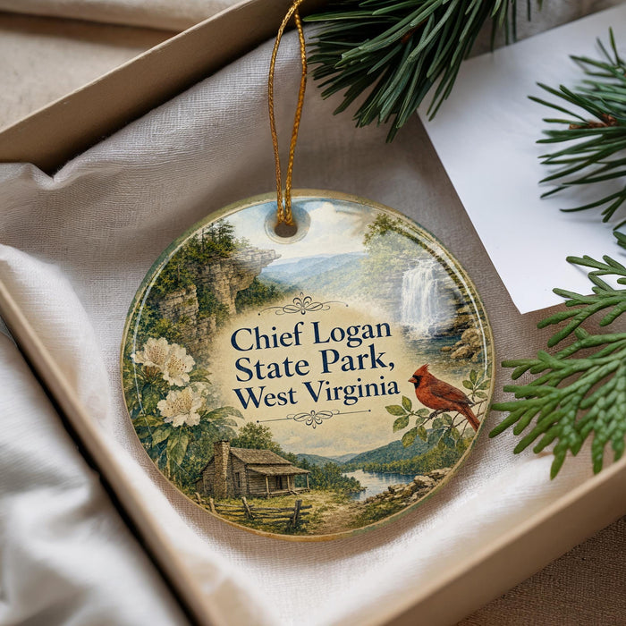 A decorative ornament with a scenic landscape featuring a waterfall, a bird, and a cabin, hanging from a string.