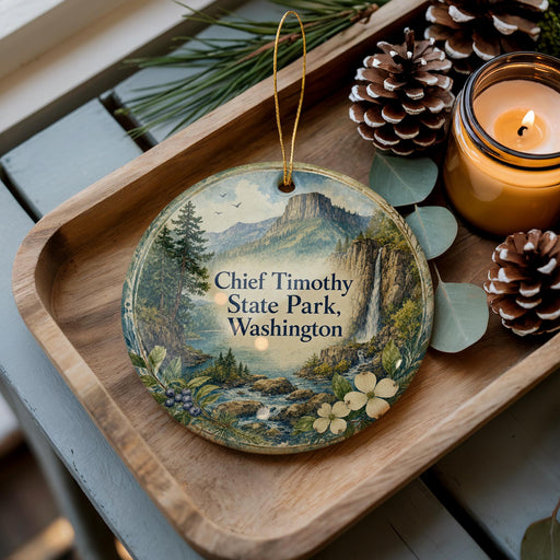 A decorative ornament featuring a scenic landscape with mountains, pine trees, and a waterfall, placed on a wooden tray alongside pine cones and a lit candle.