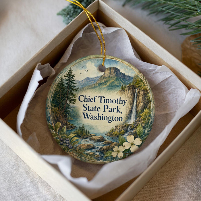 A decorative ornament in a box, featuring a scenic landscape with mountains, a waterfall, and flowers.