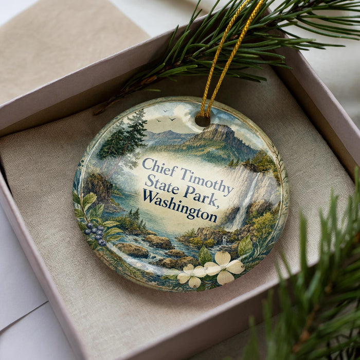 A decorative ornament with a scenic landscape of Chief Timothy State Park, Washington, featuring a mountain, river, and pine trees.