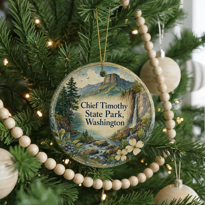A round ornament on a Christmas tree, featuring a scenic landscape with mountains, trees, and a waterfall.