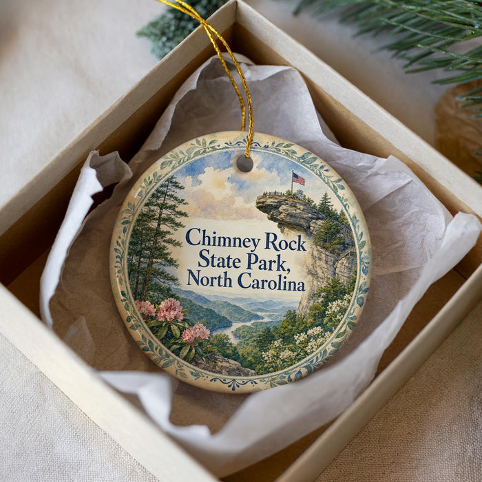 A decorative ornament in a white box, featuring a scenic landscape with a cliff, trees, and a river.