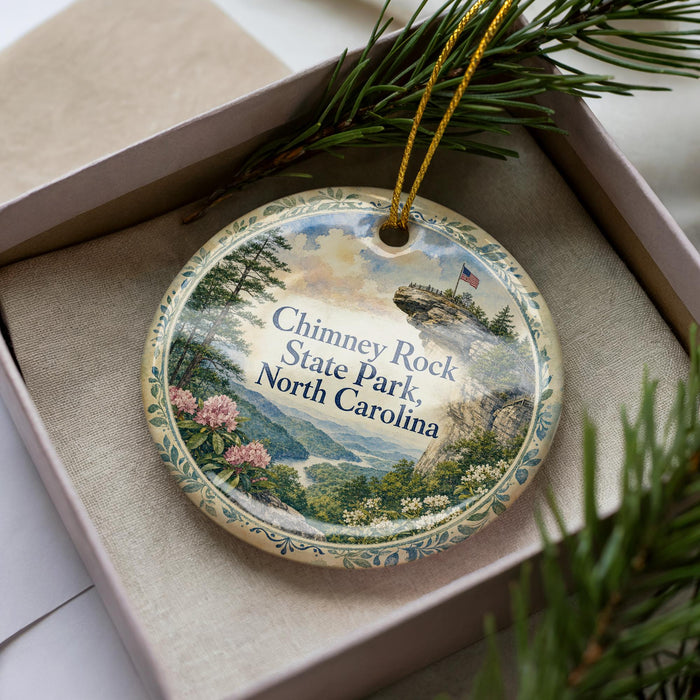 A decorative ornament with a scenic landscape of Chimney Rock State Park in North Carolina, featuring a mountain, pine trees, and a river.