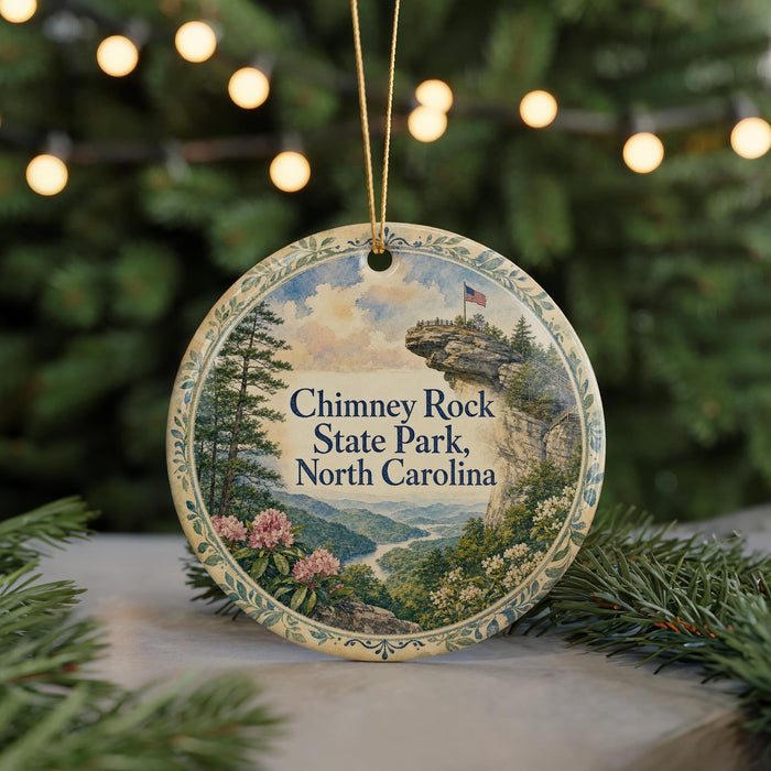 A decorative ornament featuring a scenic landscape with a cliff, trees, and mountains, with the text "Chimney Rock State Park, North Carolina" prominently displayed.