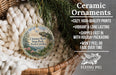Ceramic ornaments, featuring a scenic image of Chimney Rock State Park, North Carolina, hanging from a wicker basket.