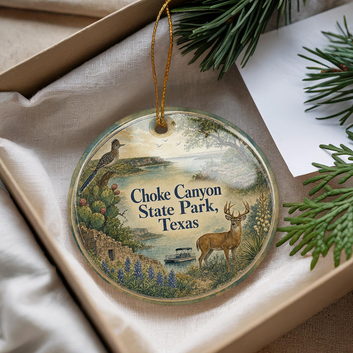 A decorative ornament with a bird, deer, and landscape scene, along with the text "Choke Canyon State Park, Texas".