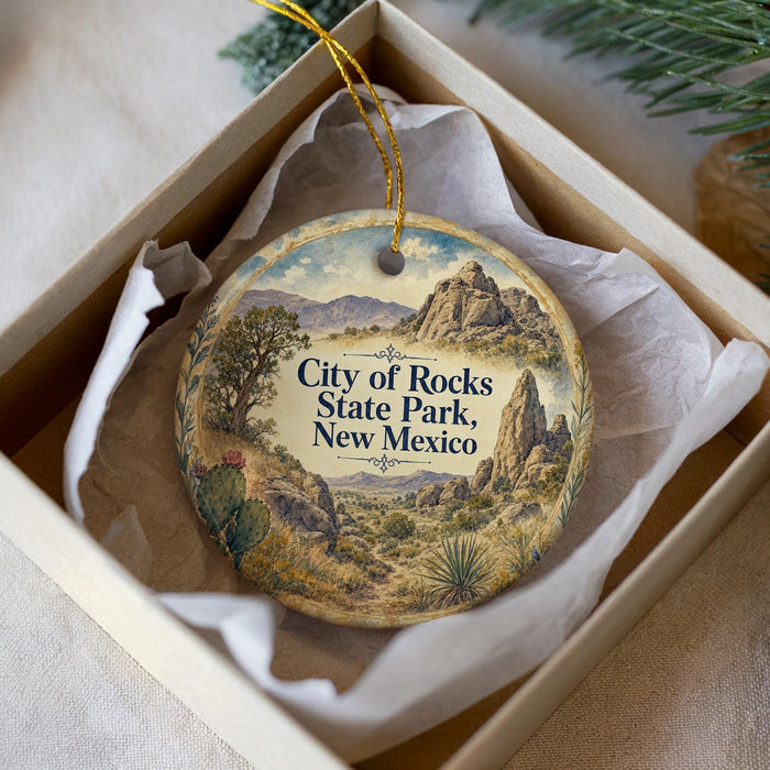 A decorative ornament in a box, featuring a scenic landscape with mountains, trees, and a desert-like environment.
