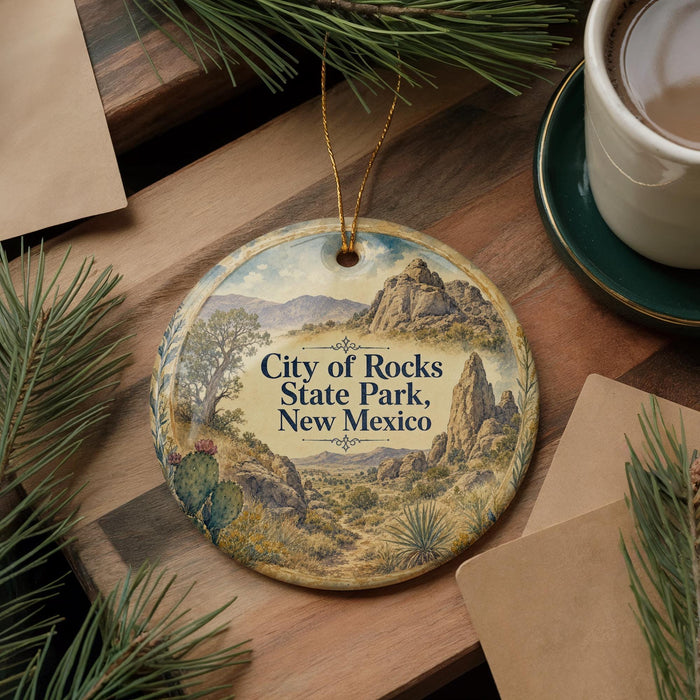 A decorative ornament with a landscape scene featuring mountains, cacti, and pine trees, hanging on a wooden surface.