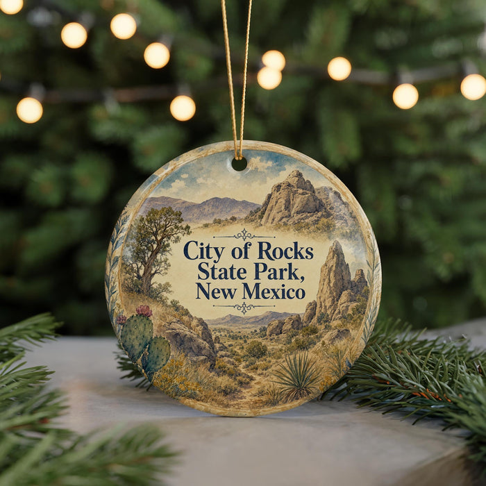 A round ornament with a desert landscape and mountains, featuring the text "City of Rocks State Park, New Mexico" on it.