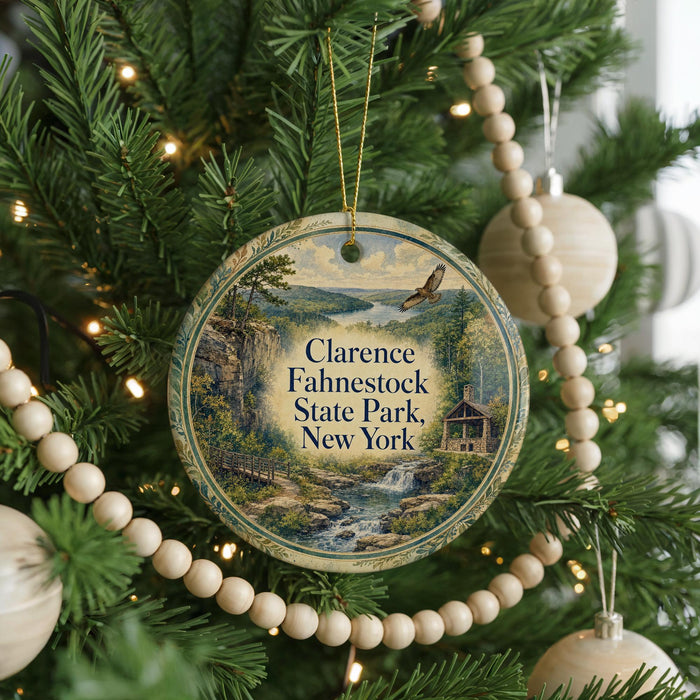 A round ornament hanging on a Christmas tree, featuring a scenic landscape with a waterfall and cabin in the background.