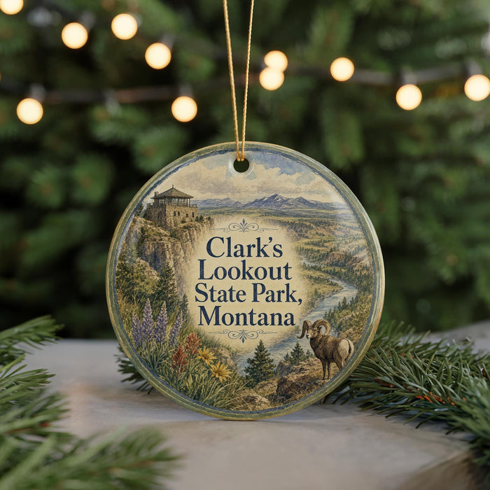 A round ornament with a scenic landscape featuring a mountain, river, and a goat, hanging from a string.