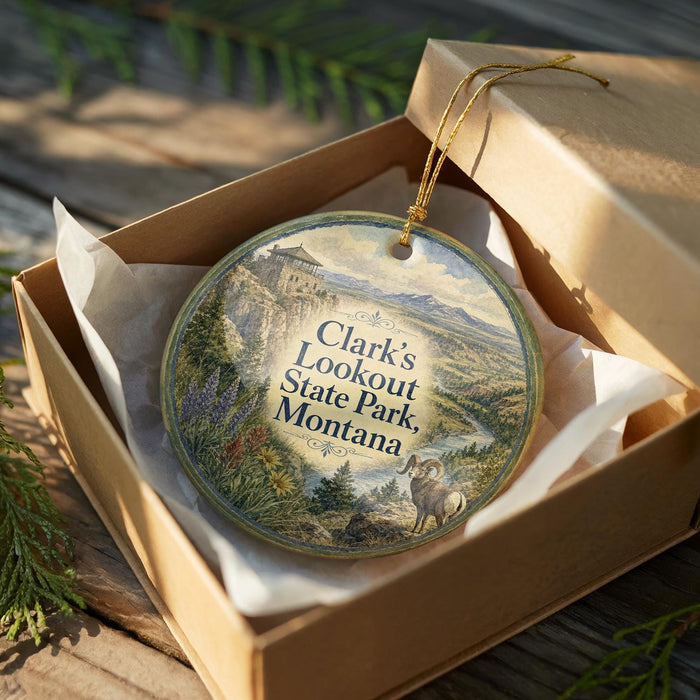 A round ornament in a box, featuring a scenic landscape with mountains, a river, and a castle, along with the text "Clark's Lookout State Park, Montana".