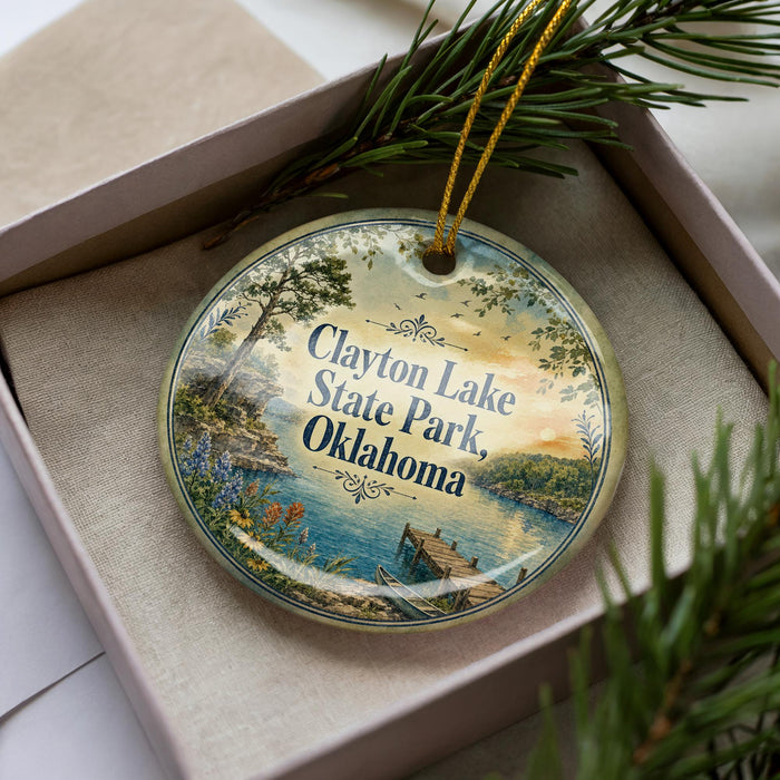 A decorative ornament with a scenic image of Clayton Lake State Park, Oklahoma, displayed in a box with pine branches.
