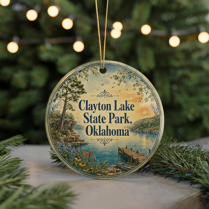 A round ornament with a scenic image of Clayton Lake State Park, Oklahoma, featuring a lake, dock, and trees.