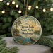 A round ornament with a scenic image of Clayton Lake State Park, Oklahoma, featuring a lake, dock, and trees.