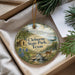 A decorative ornament with a scenic landscape of Cleburne State Park, Texas, featuring a house, a stream, and a deer.