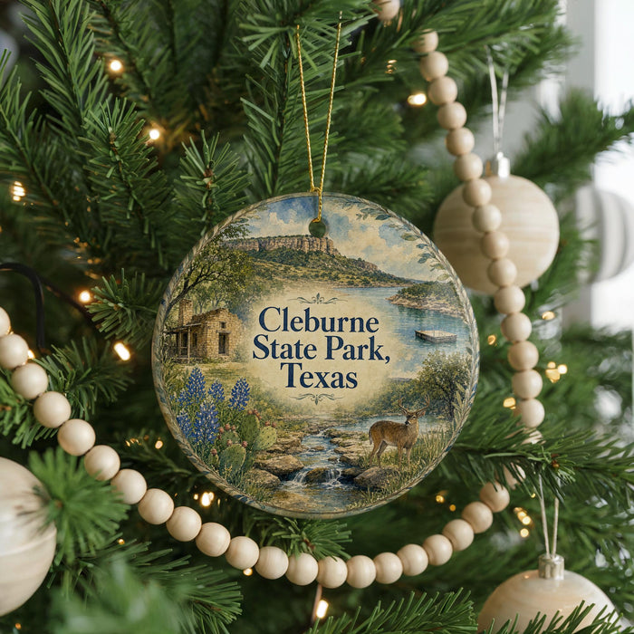 A round ornament hanging on a Christmas tree, featuring a scenic landscape with a river, mountains, and a deer.