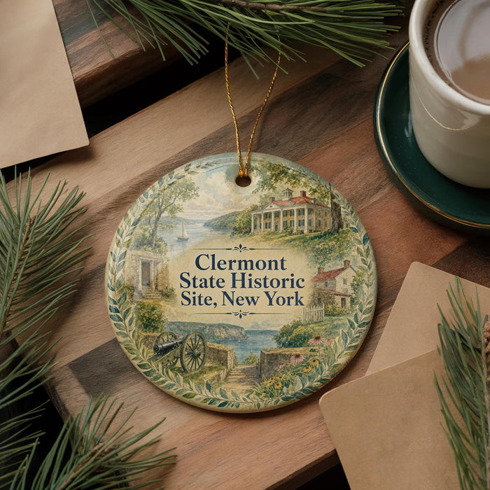 A decorative ornament featuring illustrations of historic buildings and landscapes, with the text "Clermont State Historic Site, New York" prominently displayed.