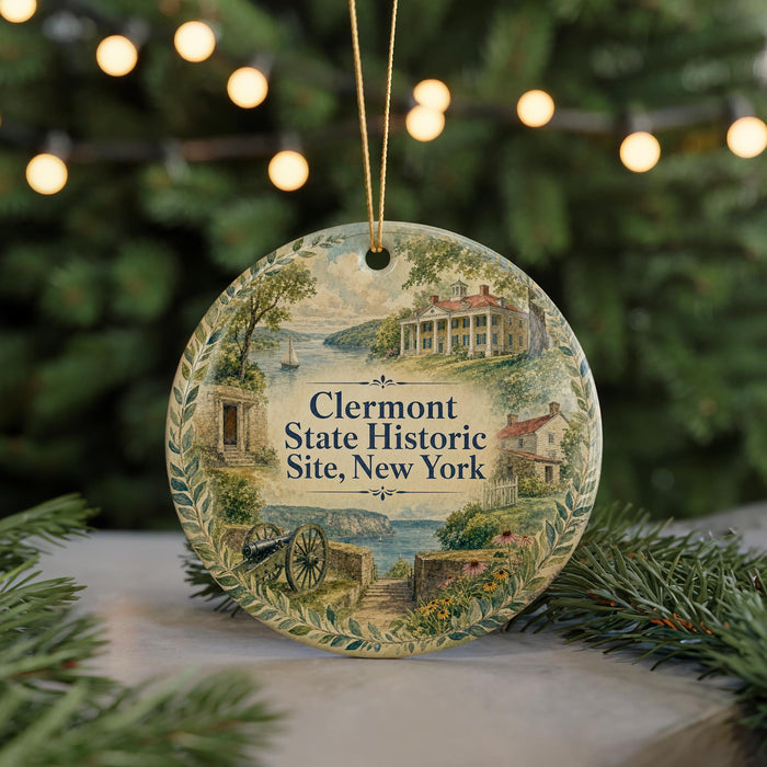 A decorative ornament featuring a scenic landscape with a house, trees, and a body of water, hanging on a string.