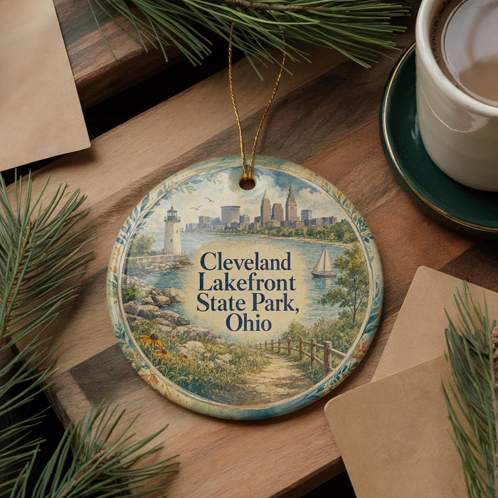 A decorative ornament featuring a scenic view of Cleveland Lakefront State Park, Ohio, with a lighthouse and a sailboat in the background.
