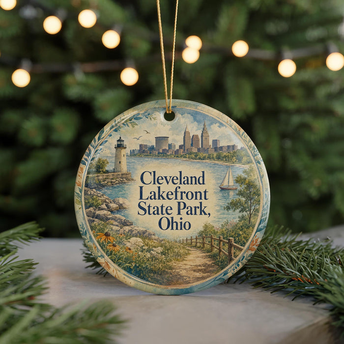 A circular ornament featuring a scenic view of Cleveland Lakefront State Park, Ohio, with a lighthouse and a sailboat in the background.
