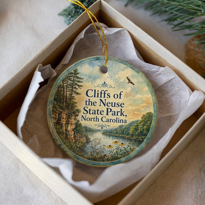A round ornament with a scenic landscape of cliffs, trees, and a river, hanging from a string.