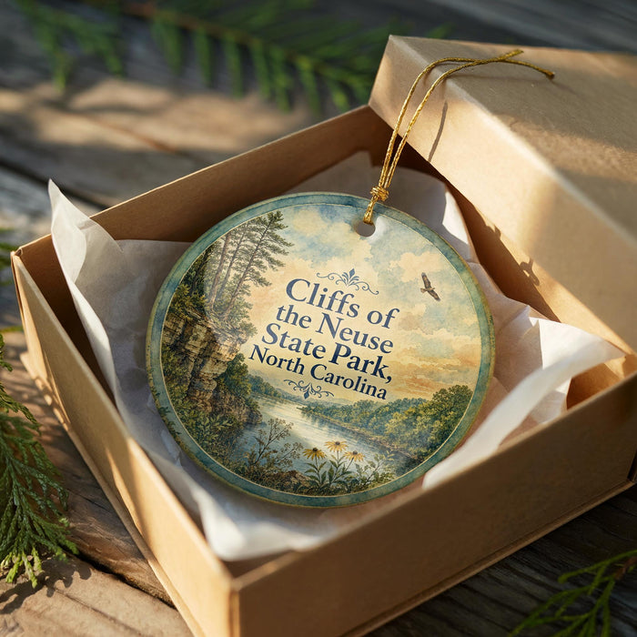 A round ornament in a box, featuring a scenic landscape with trees, a river, and a bird in flight.