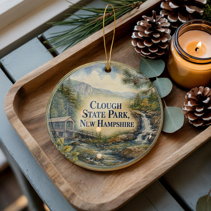 A decorative ornament featuring Clough State Park in New Hampshire, with a scenic image of the park and a waterfall. The ornament is placed on a wooden tray, surrounded by pine cones and a lit candle.