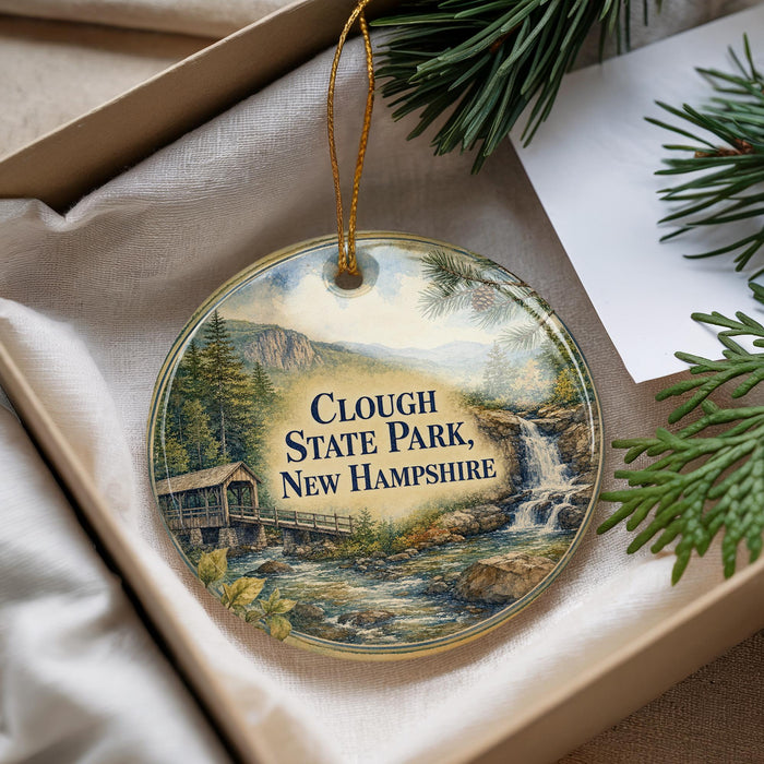 A decorative ornament with a scenic image of Clough State Park, New Hampshire, hanging from a string.
