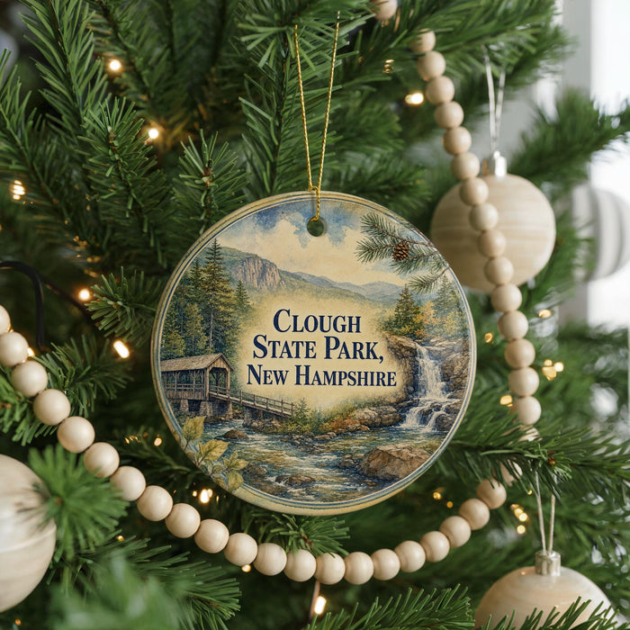 A round ornament hanging on a Christmas tree, featuring a scenic image of Clough State Park in New Hampshire.