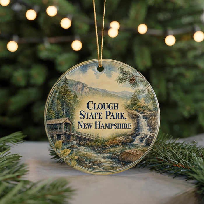 A round ornament with a scenic image of Clough State Park in New Hampshire, featuring a waterfall and a wooden bridge.