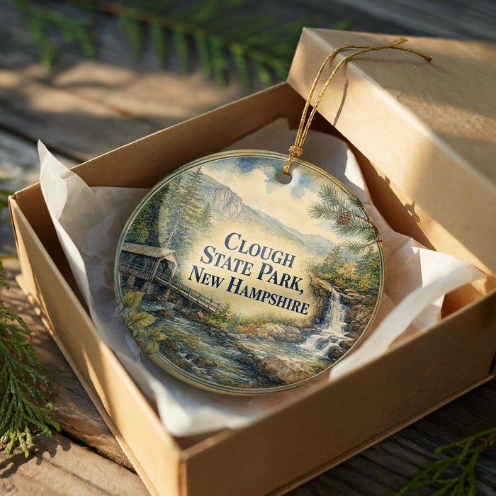 An oval ornament in a brown box, featuring a scenic landscape with a waterfall and a cabin, with the text "Clough State Park, New Hampshire" printed on it.