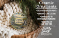 Ceramic ornaments, featuring a scenic image of Clough State Park in New Hampshire, are displayed in a woven basket.
