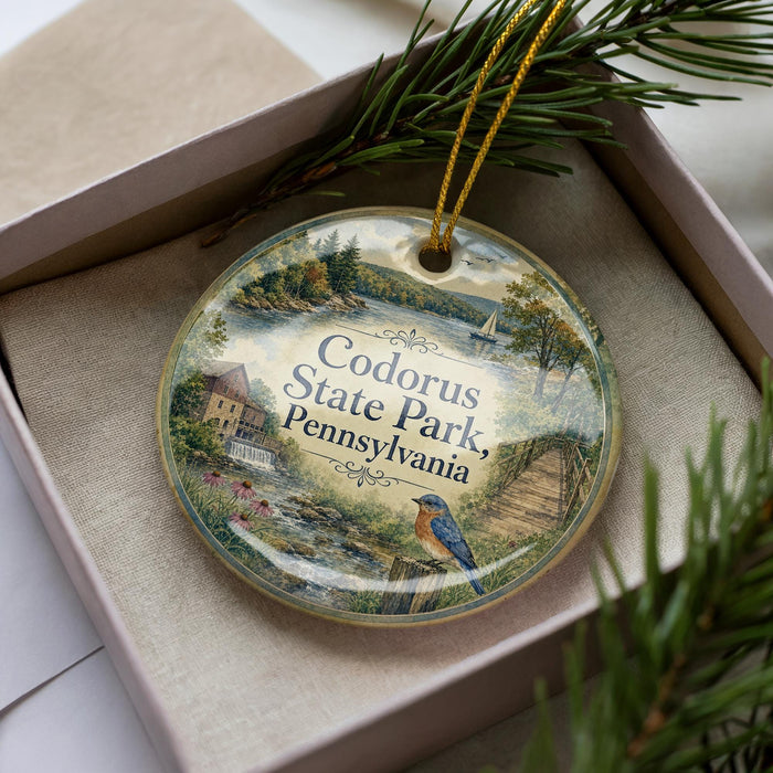 A decorative ornament in a box, featuring a scenic image of Codorus State Park in Pennsylvania.