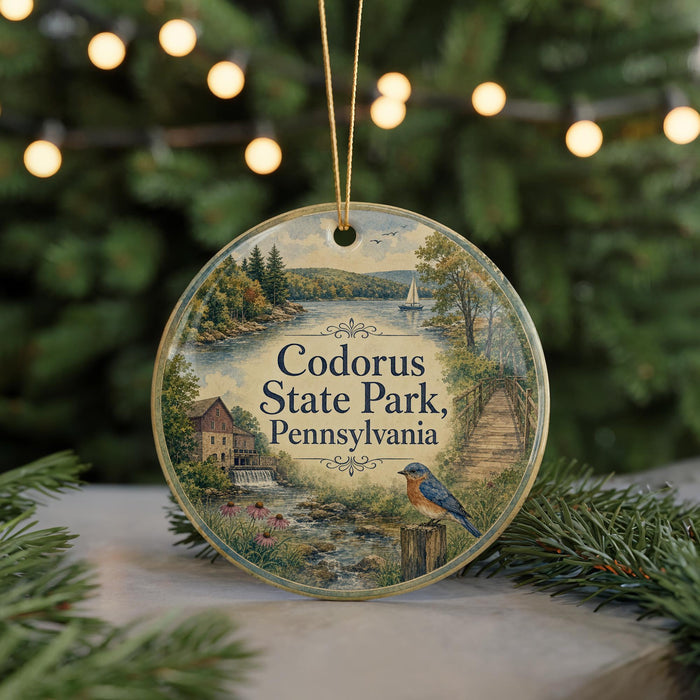 A round ornament with a scenic image of Codorus State Park, Pennsylvania, featuring a bird, a house, and a river.