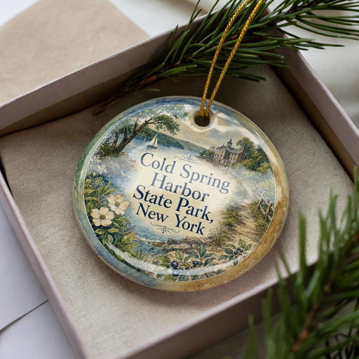 A decorative ornament in a box, featuring a scenic image of Cold Harbor State Park in New York.