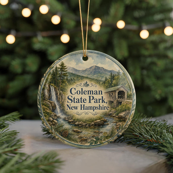 A round ornament featuring a scenic image of the Coleman State Park in New Hampshire, with a waterfall and a covered bridge in the background.
