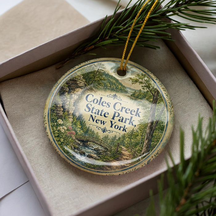 A decorative ornament in a box, featuring a scenic landscape with a bridge and trees, with the text "Coles Creek State Park New York" prominently displayed.