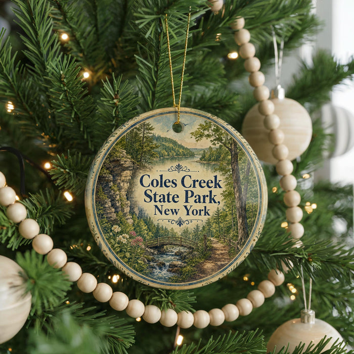 A round ornament hanging on a Christmas tree, featuring a scenic image of Coles Creek State Park in New York.
