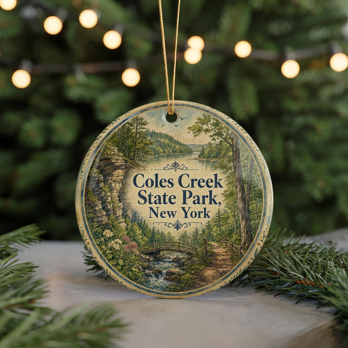 A round ornament with a scenic image of Coles Creek State Park, New York, hanging from a string.