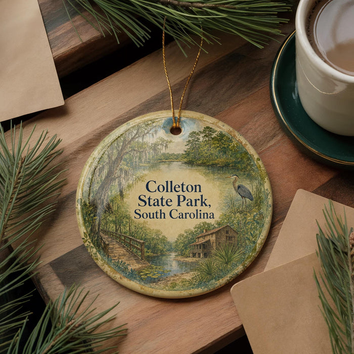 A round ornament with a scenic landscape of Colleton State Park, South Carolina, featuring a bird and a bridge, is displayed on a wooden surface alongside a cup of coffee and some pine branches.