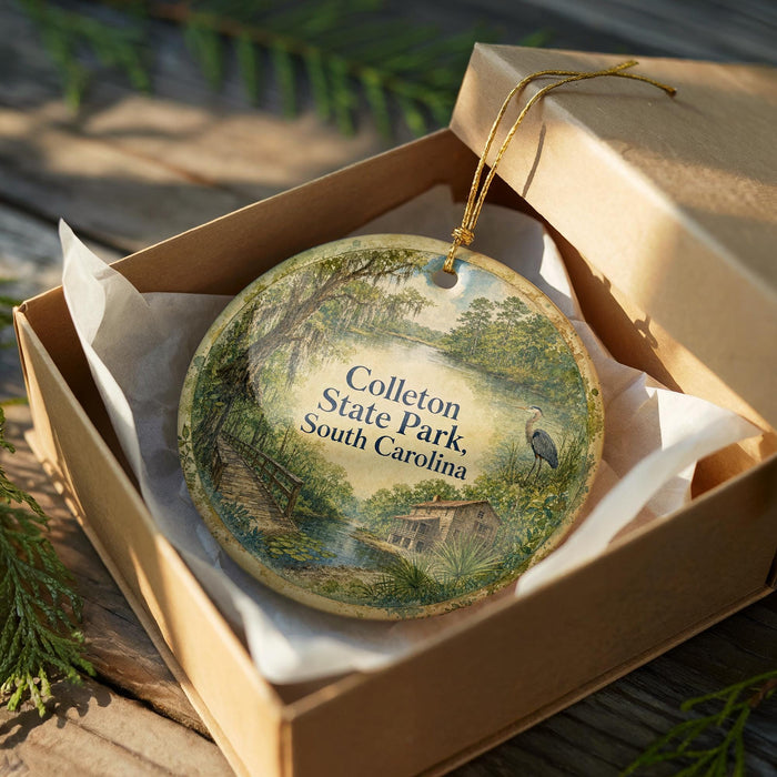 A decorative ornament in a brown box, featuring a scenic landscape with a bird and trees, with the text "Colleton State Park, South Carolina" printed on it.
