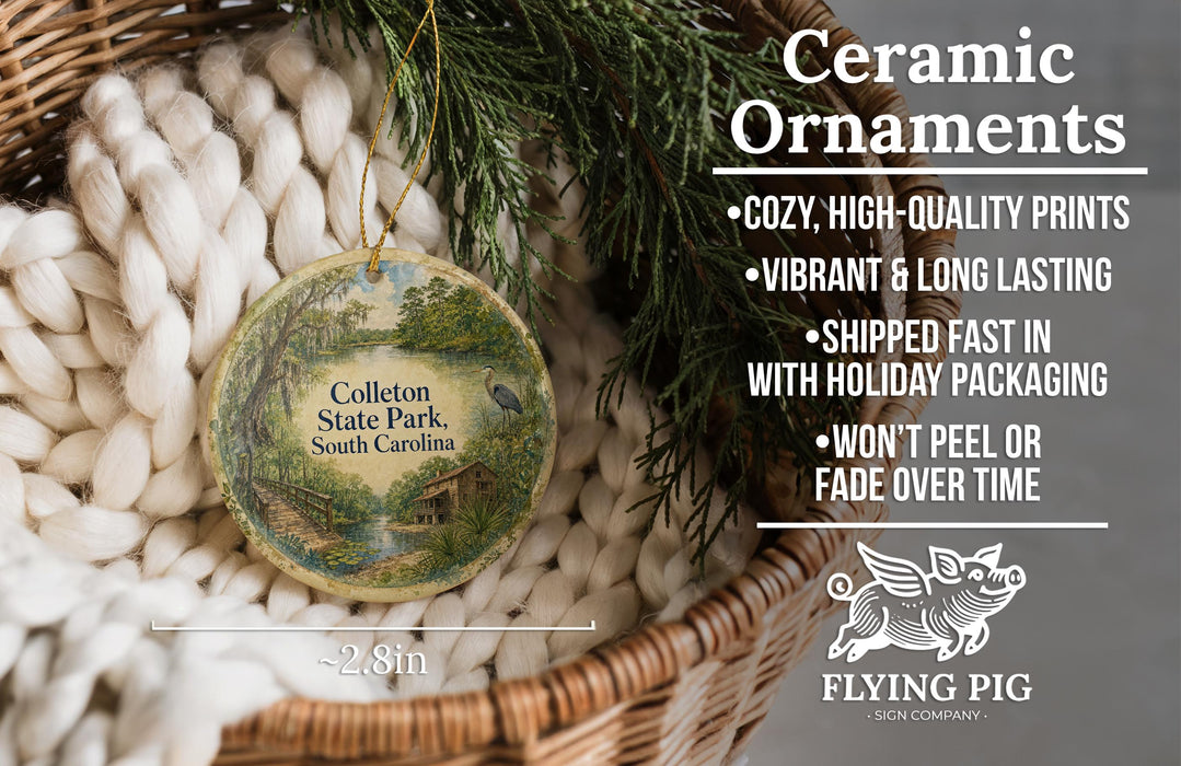 Ceramic ornaments, featuring a detailed illustration of a scenic landscape, are displayed in a woven basket. The text highlights the ornaments as "Ceramic Ornaments" and provides information about their features, such as being "Cozy, High-Quality Prints", "Vibrant & Long Lasting", "Shipped Fast in with Holiday Packaging", and " Won't Peel or Fade Over Time".