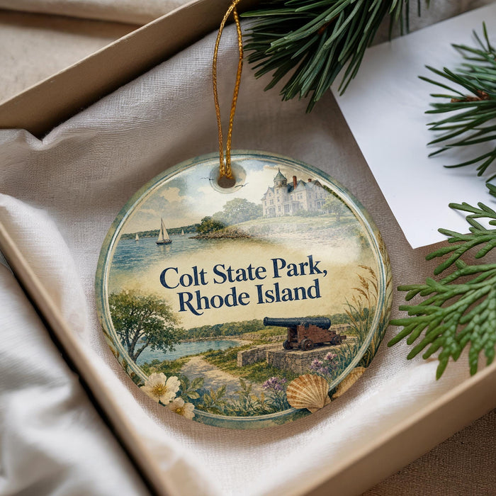 A decorative ornament with a scenic image of a park, featuring a castle, sailboat, and other natural elements, is displayed in a box with pine branches.