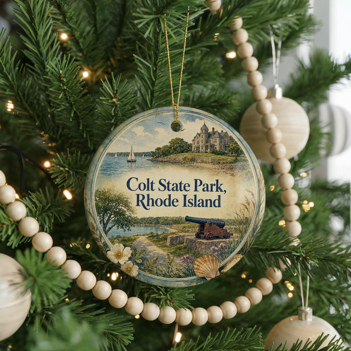 A round ornament hanging on a Christmas tree, featuring a scenic image of Colt State Park in Rhode Island.