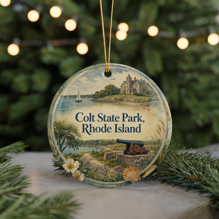 A decorative ornament featuring a scenic image of a coastal landscape with a castle, boats, and a lighthouse, along with the text "Colt State Park, Rhode Island".