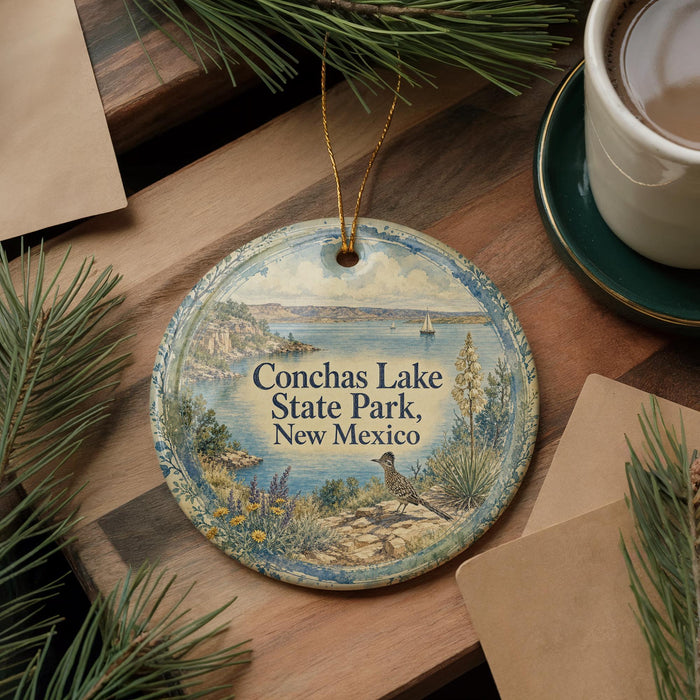 A decorative ornament with a scenic image of Conchas Lake State Park, New Mexico, featuring a bird, pine trees, and a body of water.