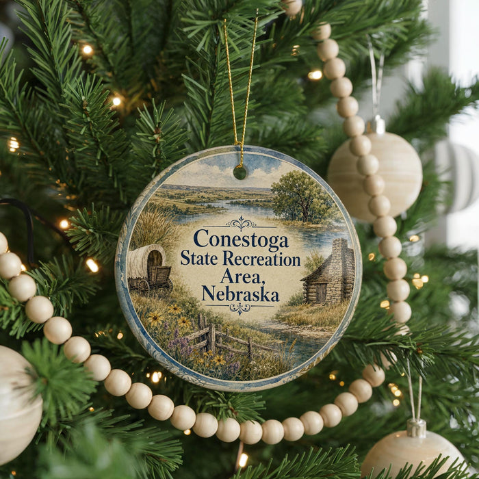 A round ornament hanging on a Christmas tree, featuring a scenic landscape with a wagon and a cabin, surrounded by beaded decorations.