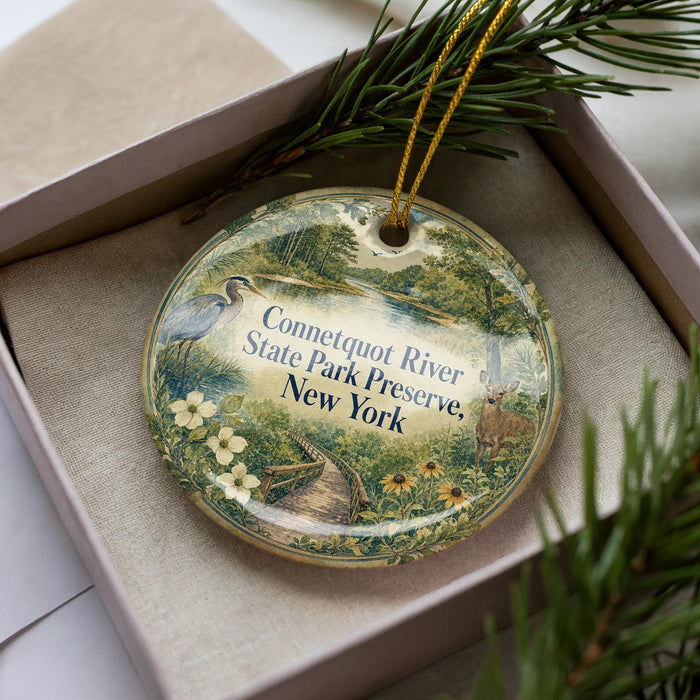 A decorative ornament in a box, featuring a scenic image of the Connecticut River State Park Preserve in New York.